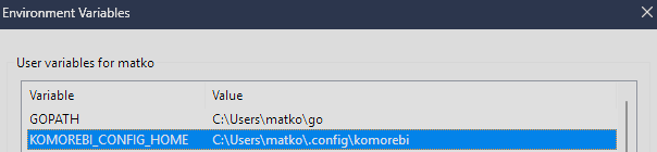 setting up environment variables for the komorebi config directory